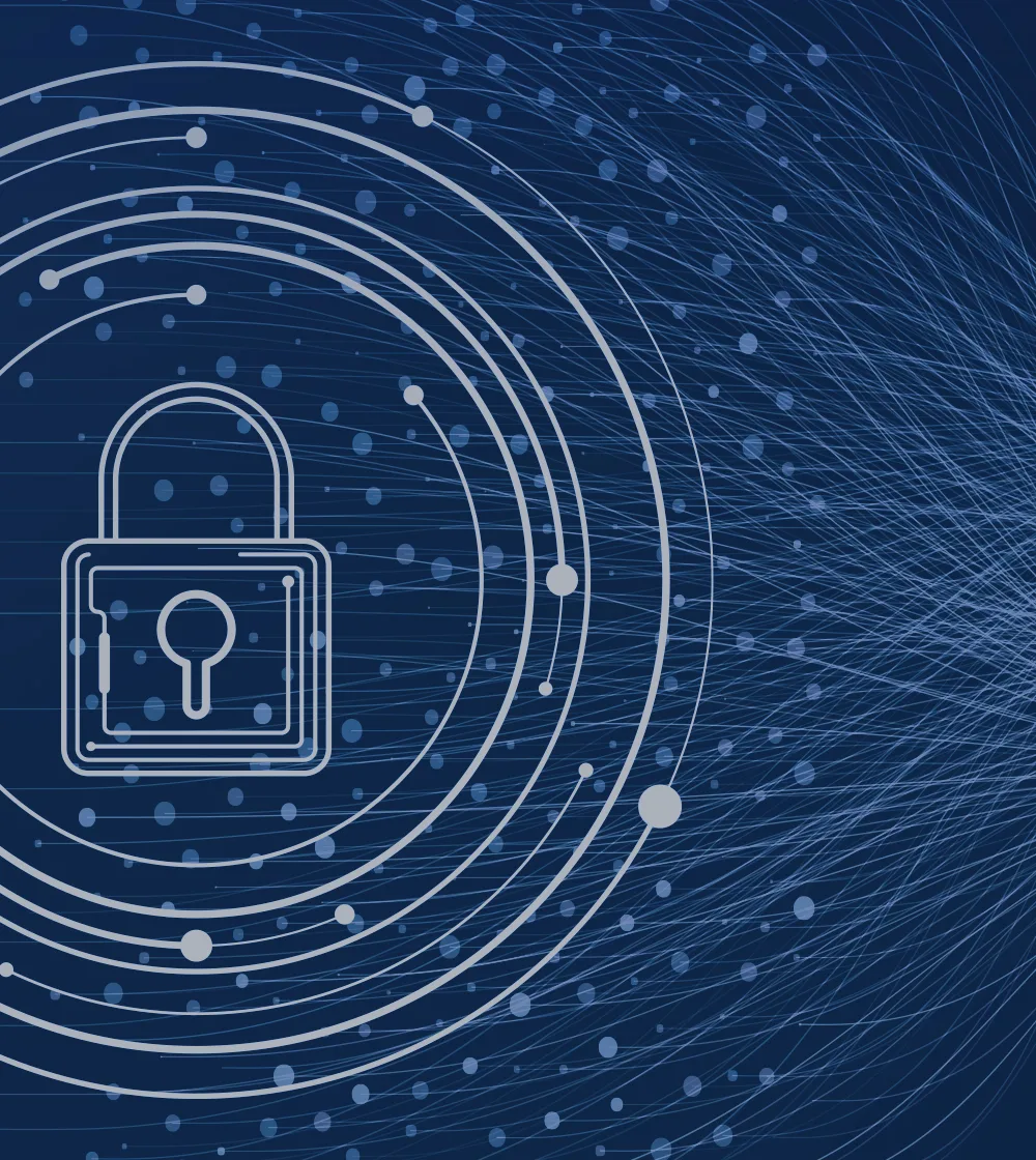 Outline of security padlock surrounded by digital data lines.